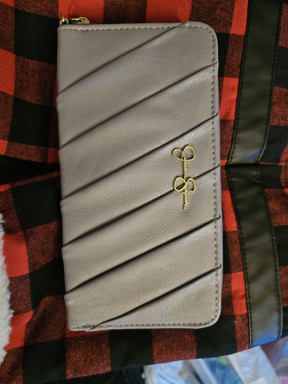 Jessica Simpson Gray Quilted Zip-Around Wallet with Gold Logo